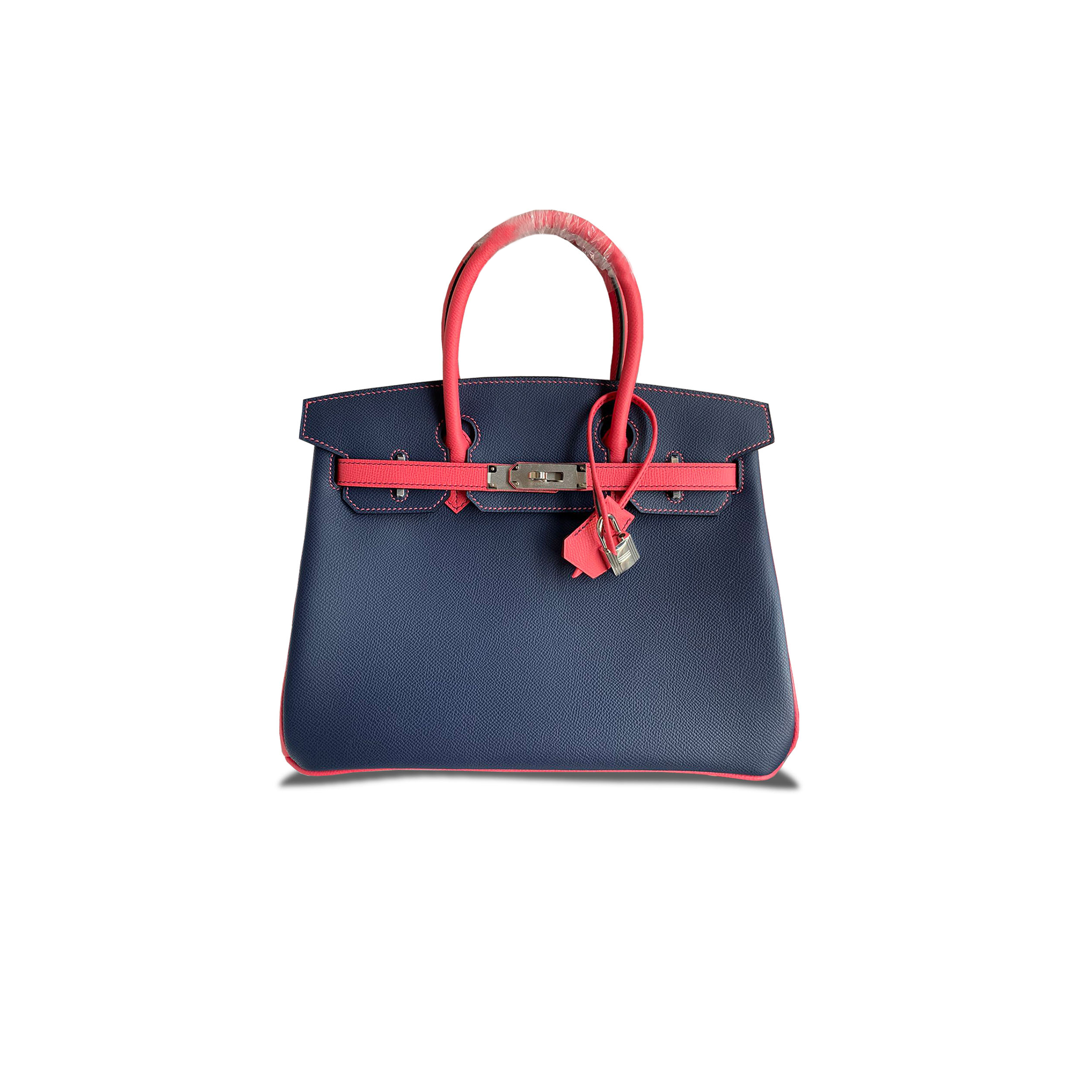 HERMES MASTER BIRKIN 30 EPSOM DARK BLUE LIPSTICK PINK SILVER BUCKLE 91314626193 (30*23*15cm)